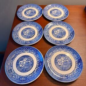 Set Six (6) Blue Willow Transferware Plates Pagoda Design 6 Inch Bread Butter